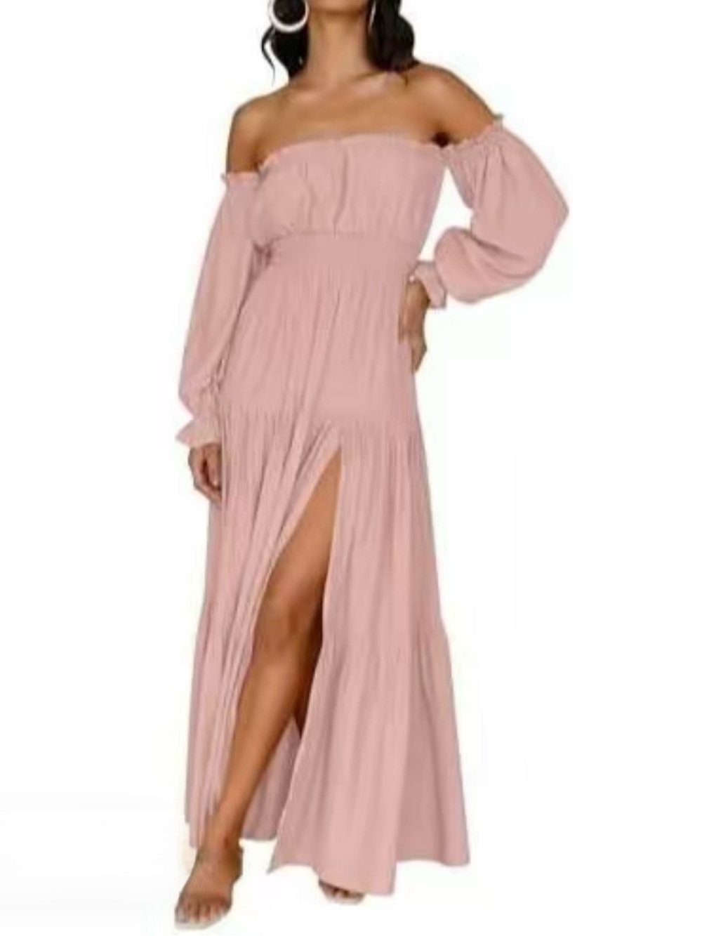 Off-the-Shoulder Long Sleeve Maxi Dress in Blush Pink